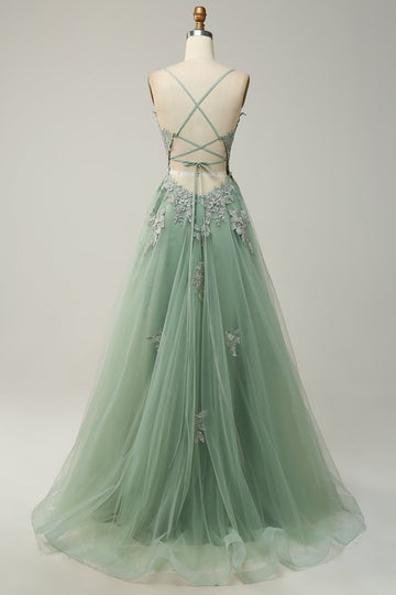 A Line Spaghetti Straps Green Long Prom Dress with Criss Cross Back